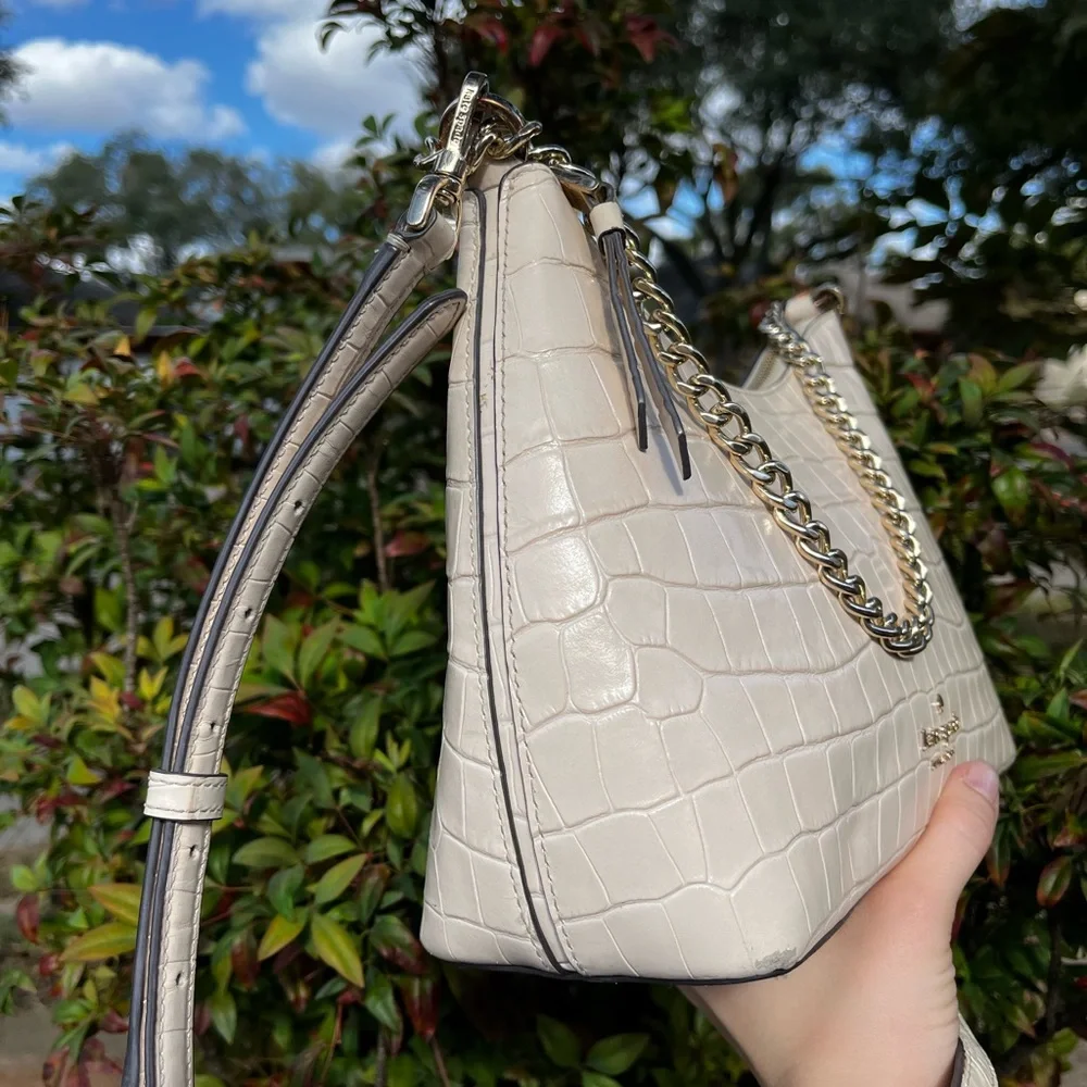KATE SPADE Ivory Croc Embossed Hobo Baguette Shoulder Bag Crossbody